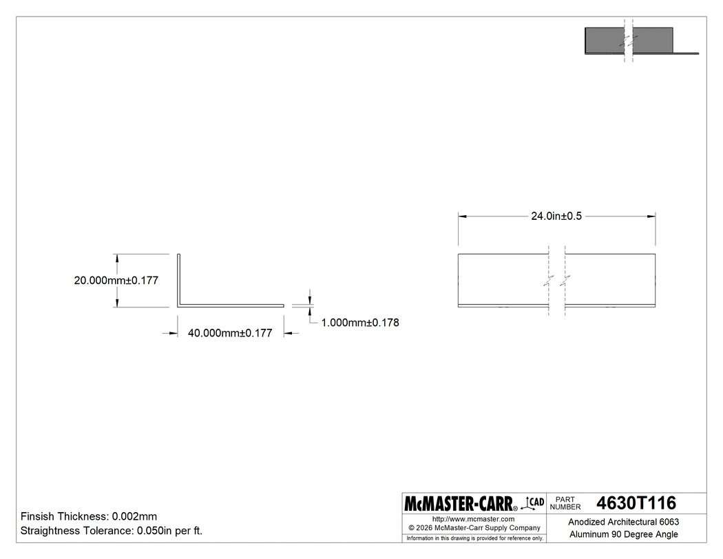 Technical Drawing of Anodized Architectural 6063 Aluminum 90 Degree Angle, 1 mm Wall Thickness, 20 mm High x 40 mm Wide Outside, 2' Long.